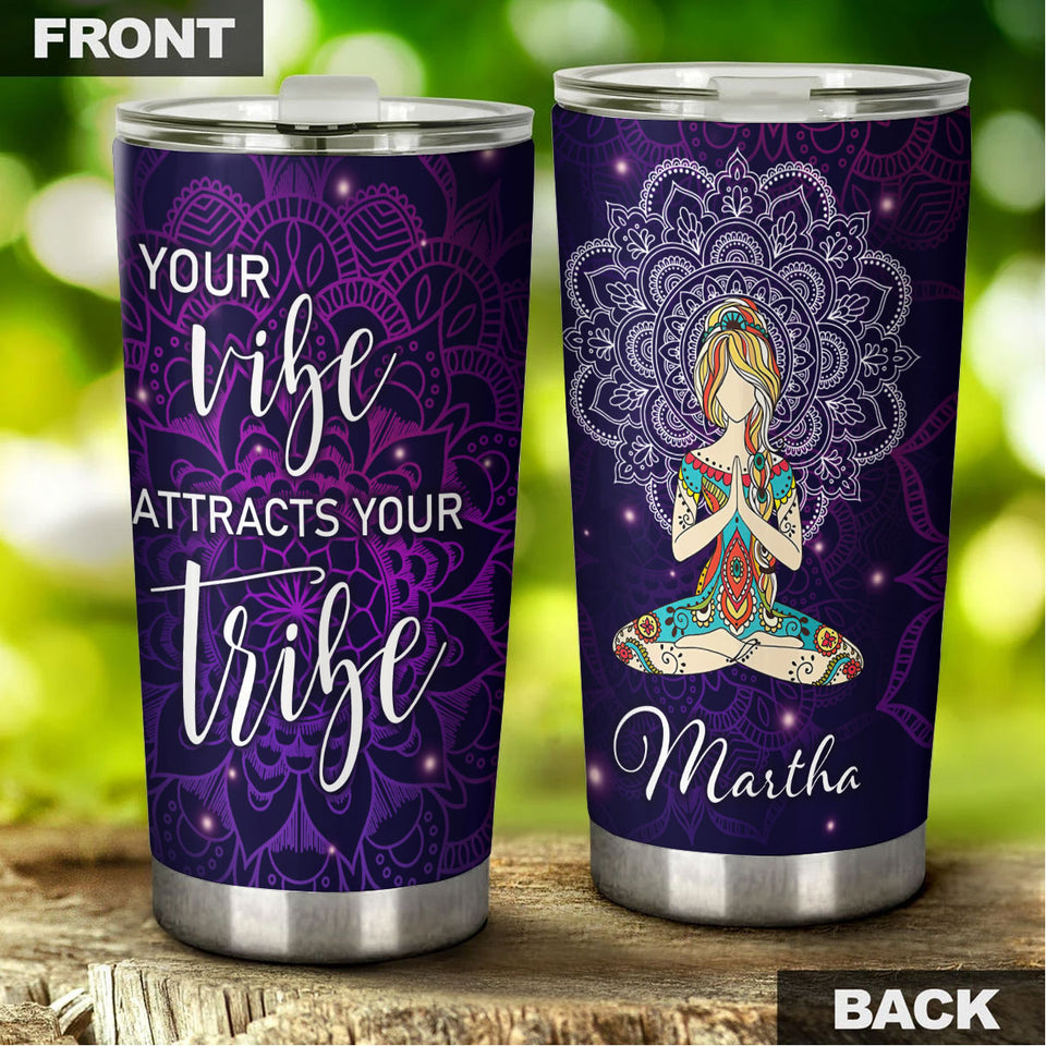 Camellia Personalized Mandala Girl Your Vibe Attracts Your Tribe Stainless Steel Tumbler-Sweat-Proof Double Wall Travel Cup With Lid