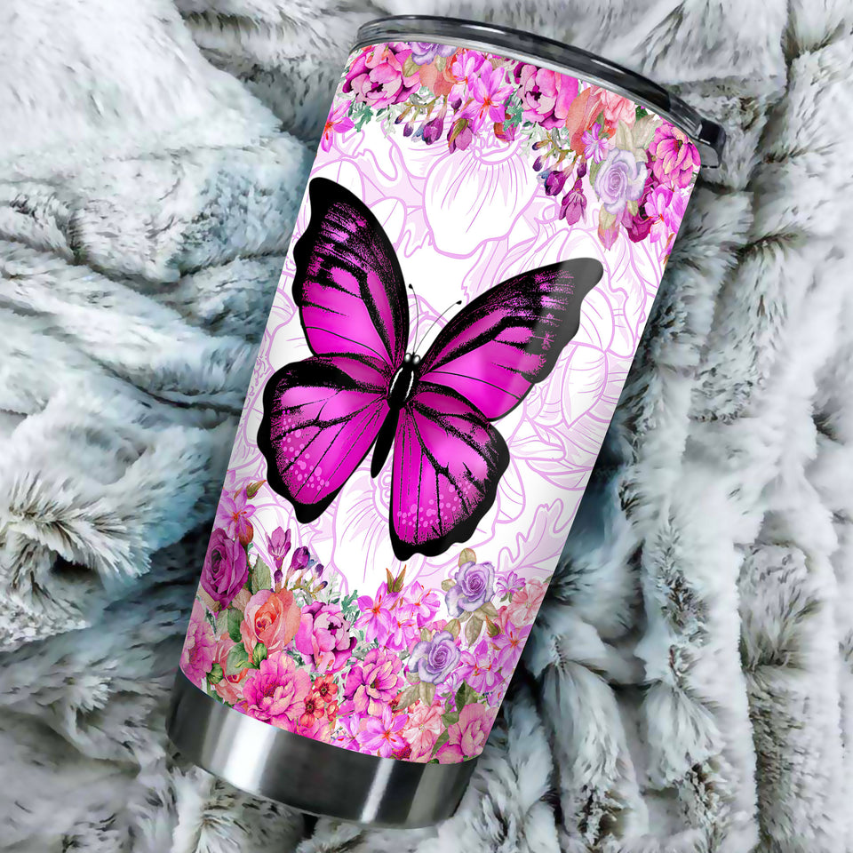 Camellia Personalized Butterfly Flowers Stainless Steel Tumbler - Double-Walled Insulation Vacumm Flask - For Thanksgiving, Memorial Day, Christians, Christmas Gift