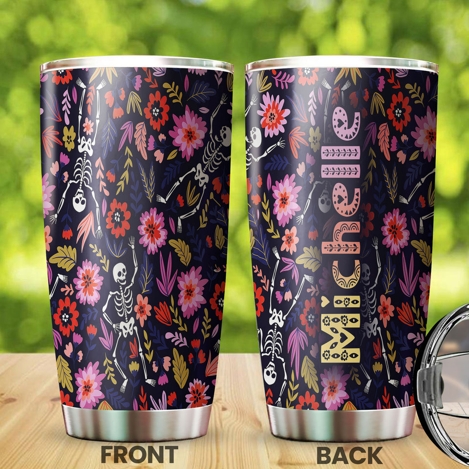 Camellia Personalized Flower Skeleton Stainless Steel Tumbler - Customized Double-Walled Insulation Travel Thermal Cup With Lid