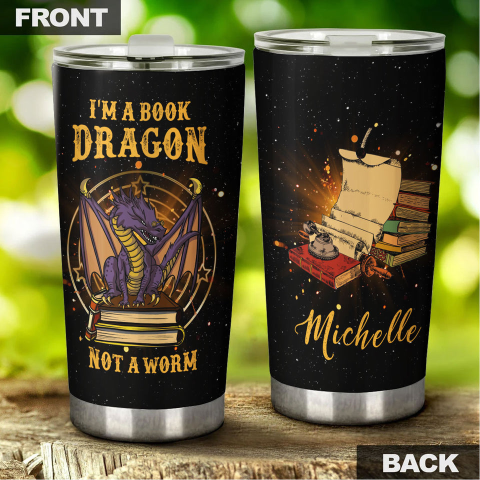 Camellia Personalized I'm A Book Dragon Stainless Steel Tumbler - Double-Walled Insulation Vacumm Flask - Gift For Book Lovers, Nerd, International Book Day