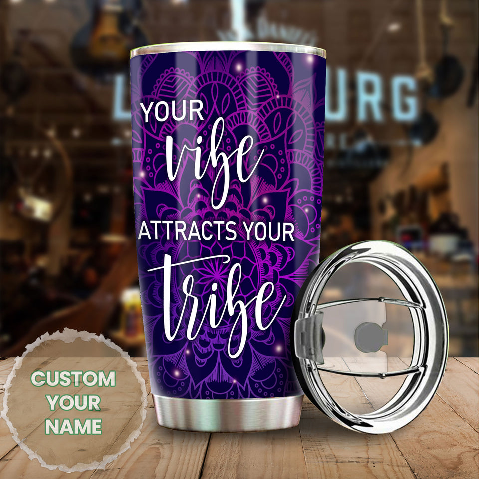 Camellia Personalized Mandala Girl Your Vibe Attracts Your Tribe Stainless Steel Tumbler-Sweat-Proof Double Wall Travel Cup With Lid