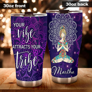 Camellia Personalized Mandala Girl Your Vibe Attracts Your Tribe Stainless Steel Tumbler-Sweat-Proof Double Wall Travel Cup With Lid