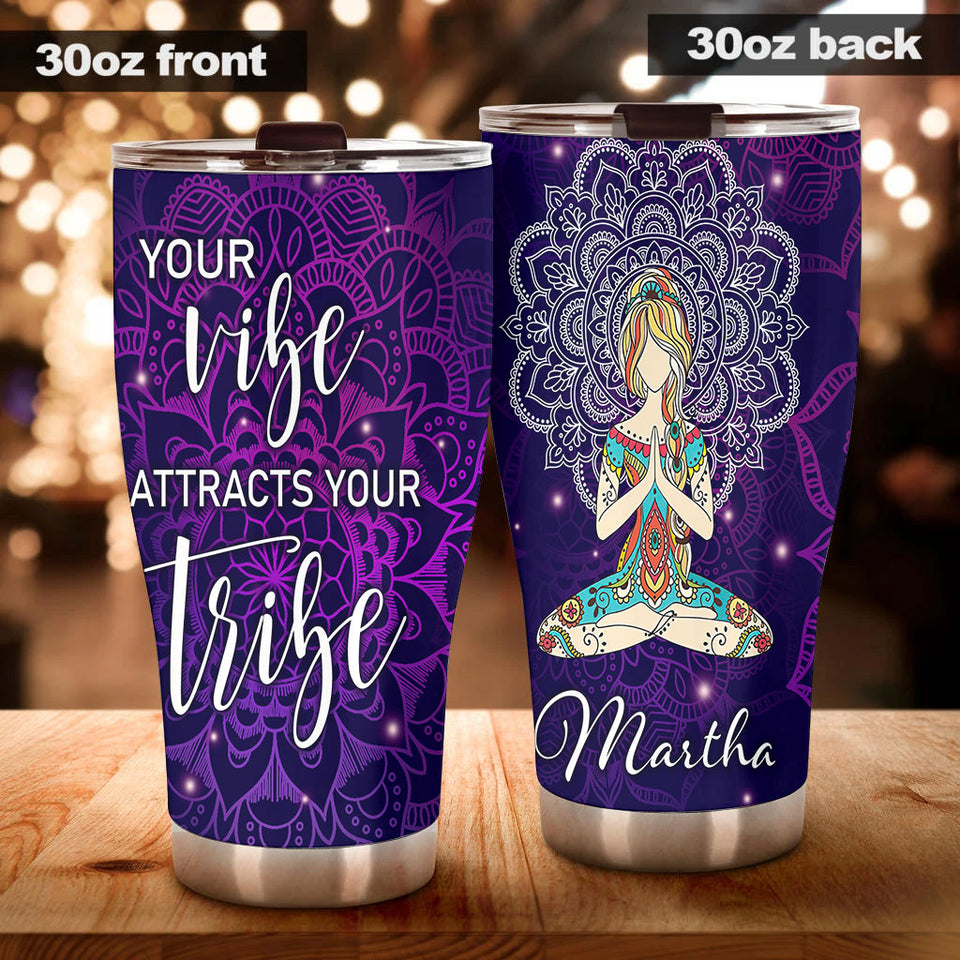 Camellia Personalized Mandala Girl Your Vibe Attracts Your Tribe Stainless Steel Tumbler-Sweat-Proof Double Wall Travel Cup With Lid