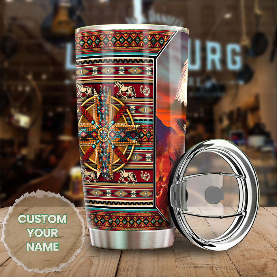 Camellia Personalized Native American Embroidery Stainless Steel Tumbler-Double-Walled Insulation Travel Cup With Lid 01
