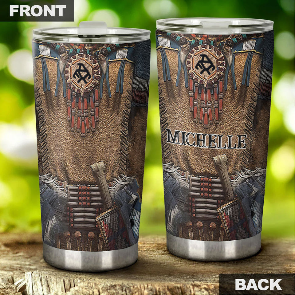 Camellia Personalized Native American Embroidery Stainless Steel Tumbler-Double-Walled Insulation Travel Cup With Lid 03