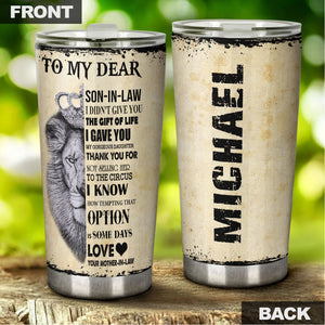 Camellia Personalized Lion Loving Letter From Mom To Son-In-Law Stainless Steel Tumbler-Double-Walled Insulation Travel Cup With Lid