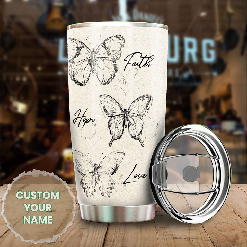 Camellia Personalized Butterfly Faith Hope Love White Stainless Steel Tumbler-Double-Walled Travel Therma Cup With Lid 01