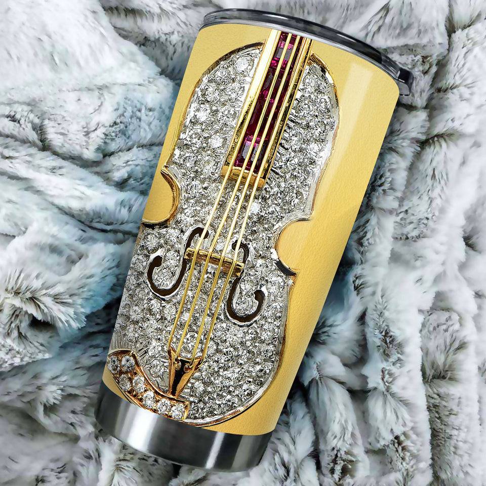 Camellia Personalized Diamond Violin Stainless Steel Tumbler - Customized Double-Walled Insulation Travel Thermal Cup With Lid Gift For Violin Lover