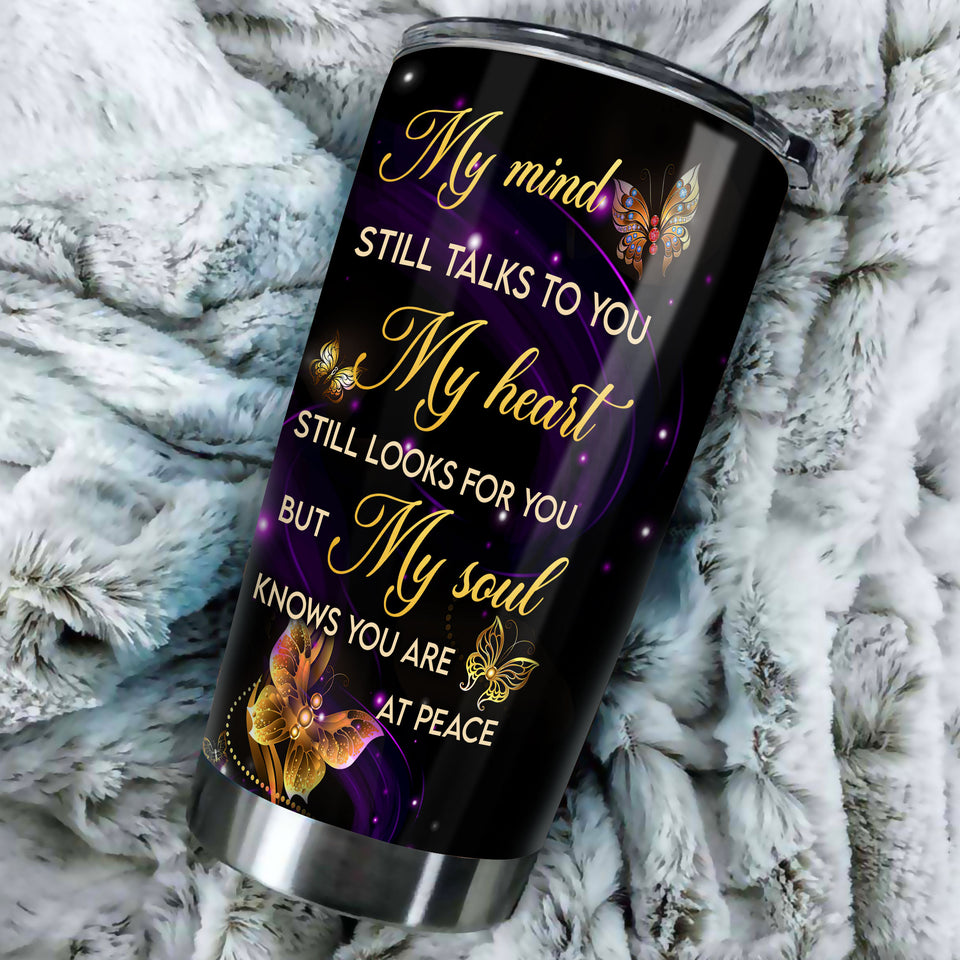 Camellia Personalized Butterfly  My Mind Still Talk To You Stainless Steel Tumbler - Double-Walled Insulation Vacumm Flask - For Thanksgiving, Memorial Day, Christians, Christmas Gift