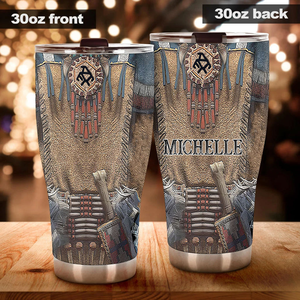 Camellia Personalized Native American Embroidery Stainless Steel Tumbler-Double-Walled Insulation Travel Cup With Lid 03