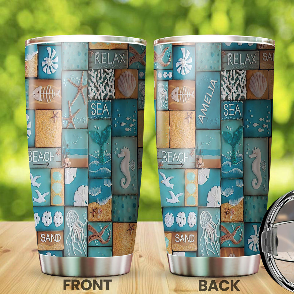 Camellia Personalized Beach Lover Stainless Steel Tumbler - Customized Double-Walled Insulation Travel Thermal Cup With Lid
