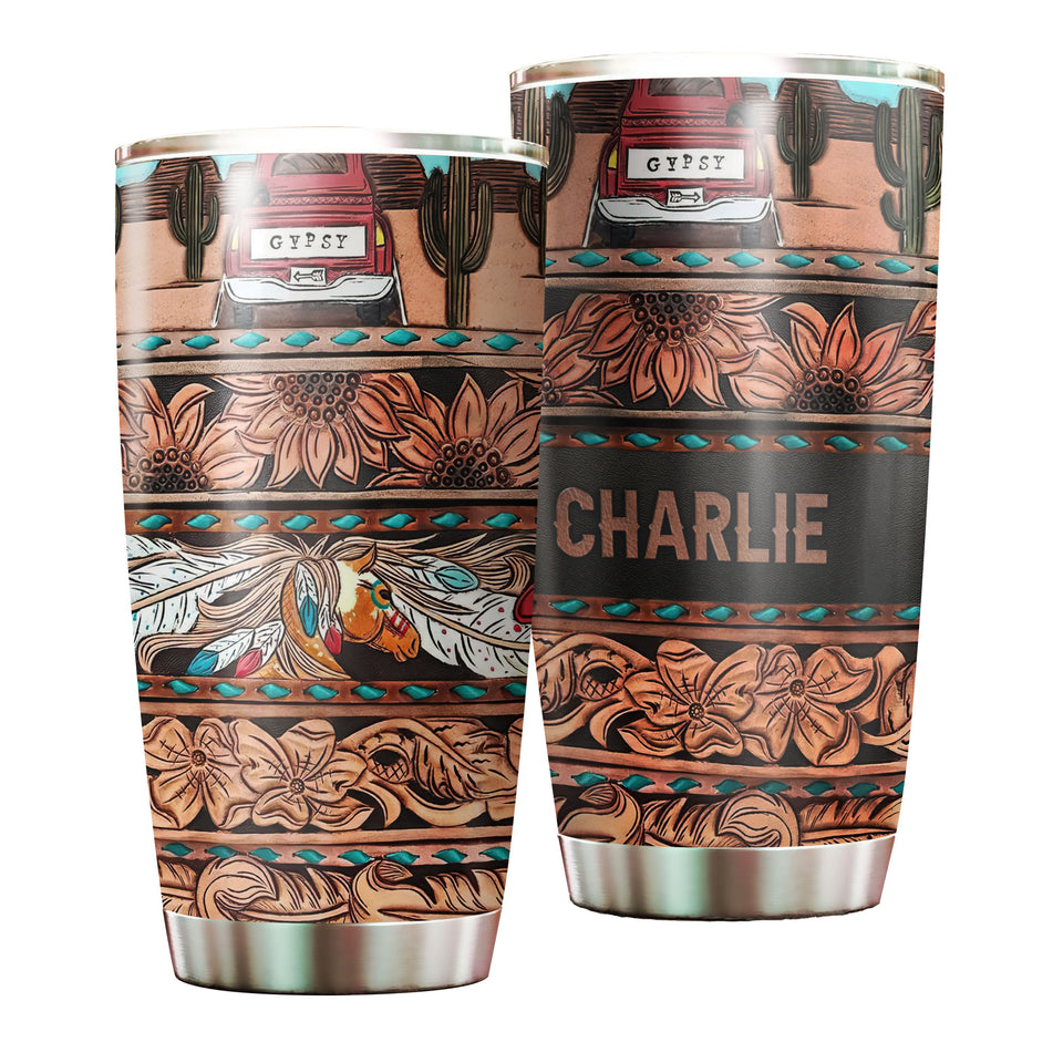 Camellia Personalized Horse Gypsy Leather Style Stainless Steel Tumbler - Double-Walled Insulation Vacumm Flask - Gift For Horse Lovers, Cowgirls, Cowboys, Perfect Christmas, Thanksgiving Gift