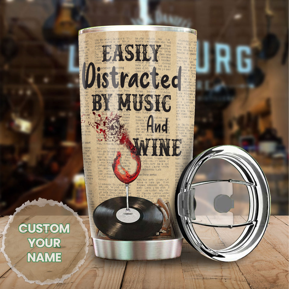 Camellia Personalized Black Woman Easily Distracted By Music And Wine  Stainless Steel Tumbler-Thermal Flask Travel Therma Cup With Lid Gift For Black Woman