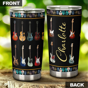 Camellia Personalized Colorful Guitar Stainless Steel Tumbler - Customized Double-Walled Insulation Travel Thermal Cup With Lid Gift For Guitarist