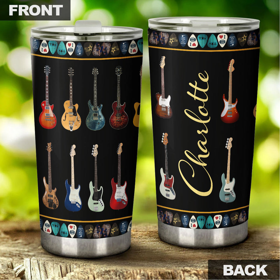 Camellia Personalized Colorful Guitar Stainless Steel Tumbler - Customized Double-Walled Insulation Travel Thermal Cup With Lid Gift For Guitarist