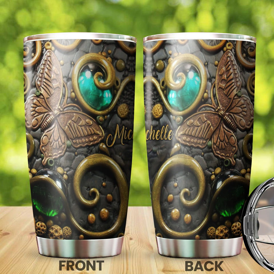 Camellia Personalized Butterfly Rock Style Stainless Steel Tumbler - Double-Walled Insulation Vacumm Flask - For Thanksgiving, Memorial Day, Christians, Christmas Gift