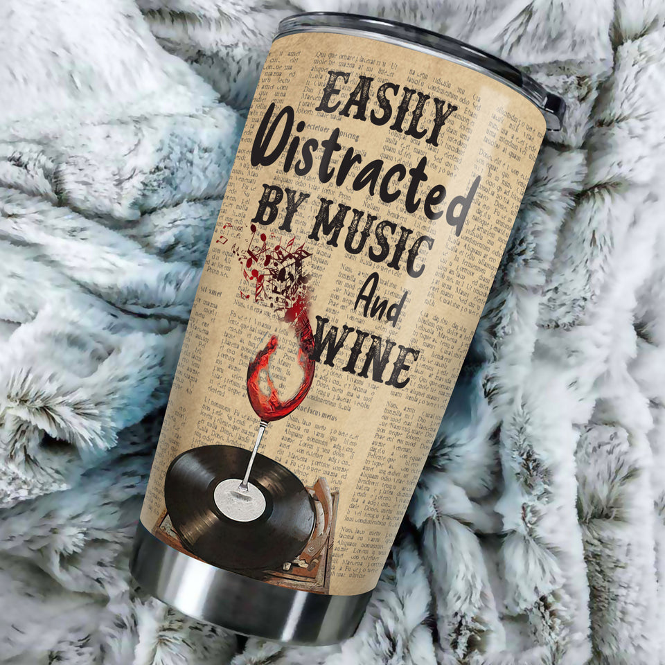 Camellia Personalized Black Woman Easily Distracted By Music And Wine  Stainless Steel Tumbler-Thermal Flask Travel Therma Cup With Lid Gift For Black Woman