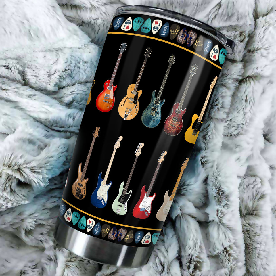Camellia Personalized Colorful Guitar Stainless Steel Tumbler - Customized Double-Walled Insulation Travel Thermal Cup With Lid Gift For Guitarist