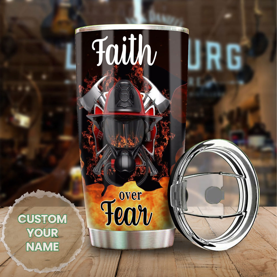 Camellia Personalized Firefighter Faith Over Faith Red Stainless Steel Tumbler-Double-Walled Insulation Gift For Firefighter Fireman