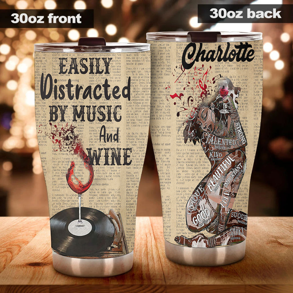 Camellia Personalized Black Woman Easily Distracted By Music And Wine  Stainless Steel Tumbler-Thermal Flask Travel Therma Cup With Lid Gift For Black Woman