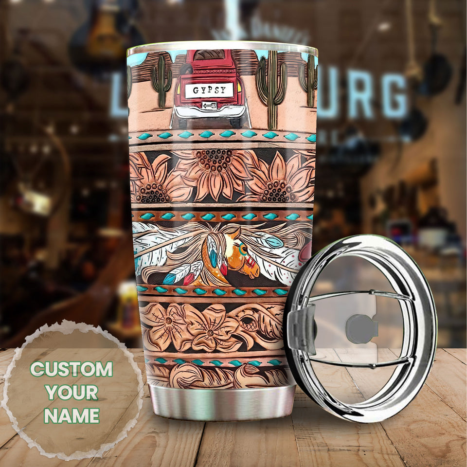 Camellia Personalized Horse Gypsy Leather Style Stainless Steel Tumbler - Double-Walled Insulation Vacumm Flask - Gift For Horse Lovers, Cowgirls, Cowboys, Perfect Christmas, Thanksgiving Gift