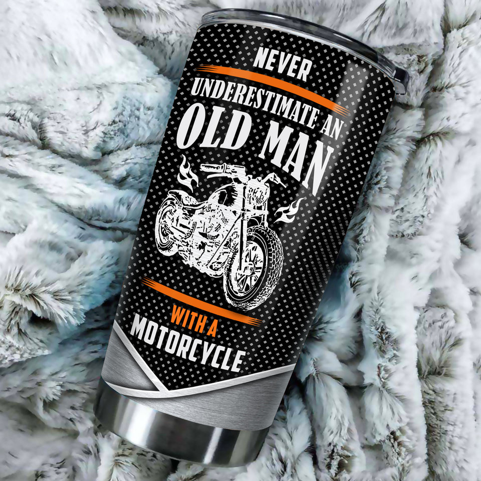Camellia Personalized Never Underestimate An Old Man with A Motorcycle Stainless Steel Tumbler-Double-Walled Insulation Cup With Lid Gift For Grandfa