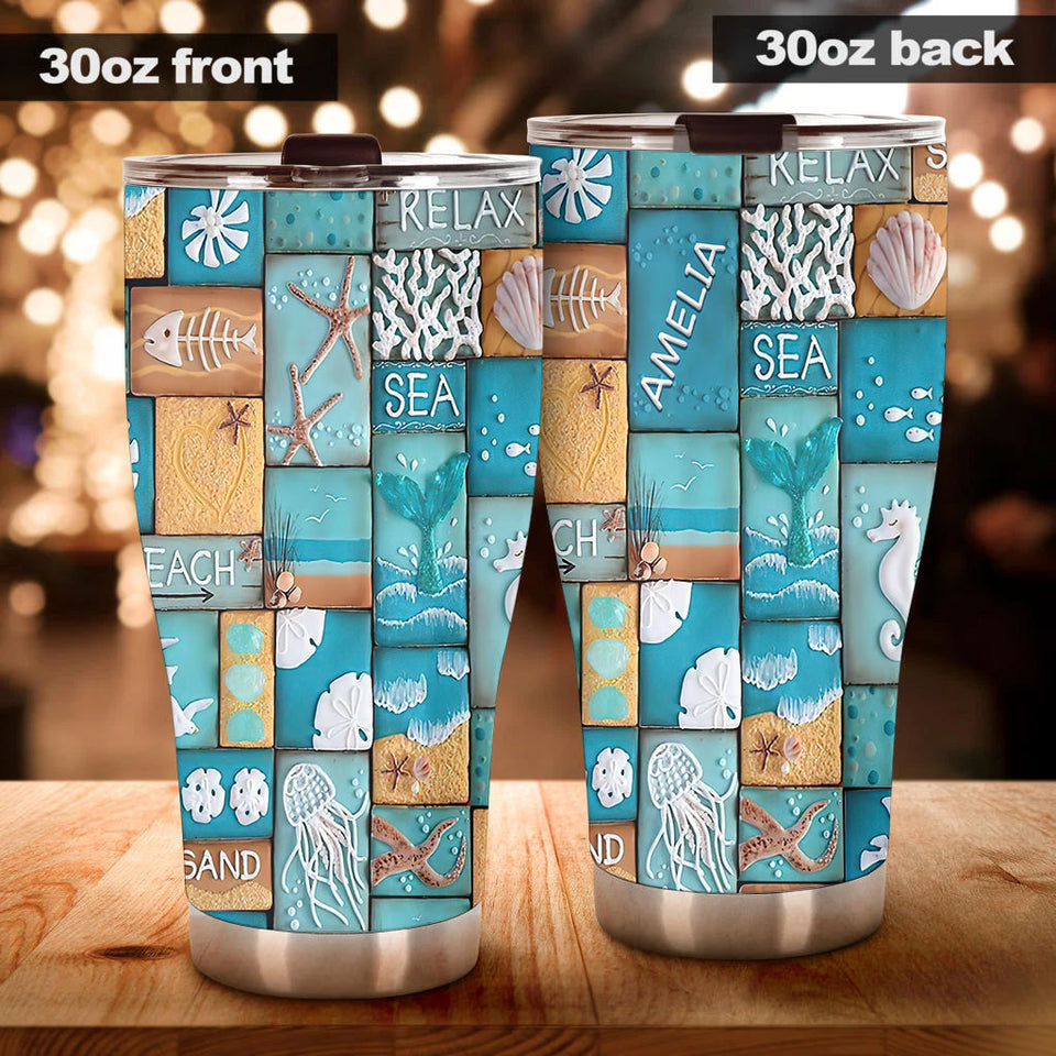 Camellia Personalized Beach Lover Stainless Steel Tumbler - Customized Double-Walled Insulation Travel Thermal Cup With Lid