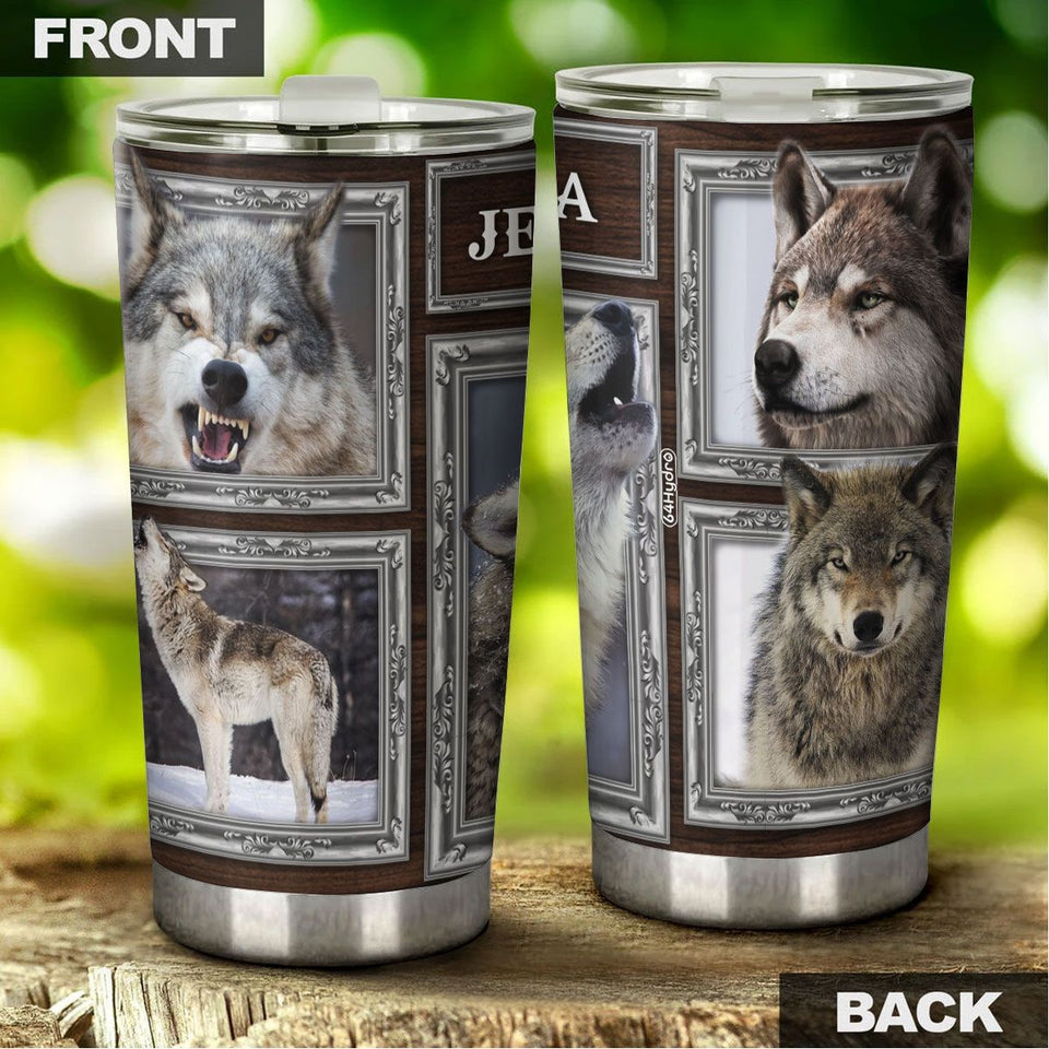 Camellia Personalized 3D Grey Wolf Picture Stainless Steel Tumbler - Customized Double-Walled Insulation Travel Thermal Cup With Lid