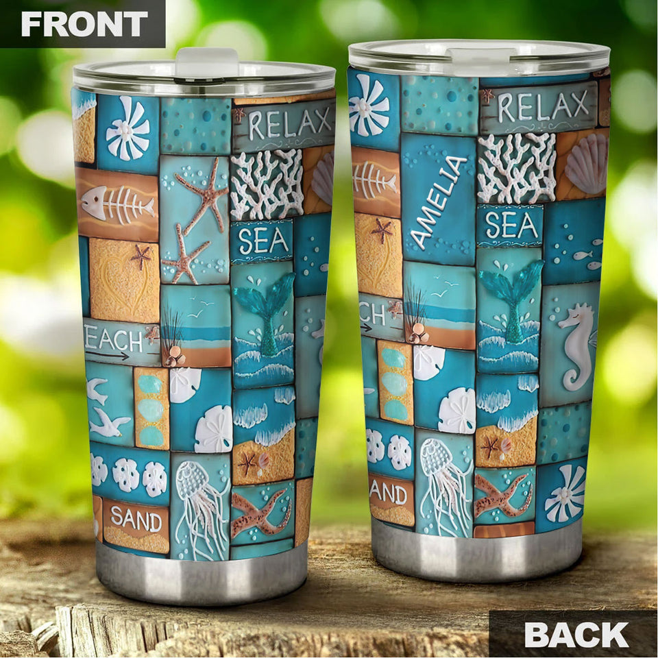 Camellia Personalized Beach Lover Stainless Steel Tumbler - Customized Double-Walled Insulation Travel Thermal Cup With Lid