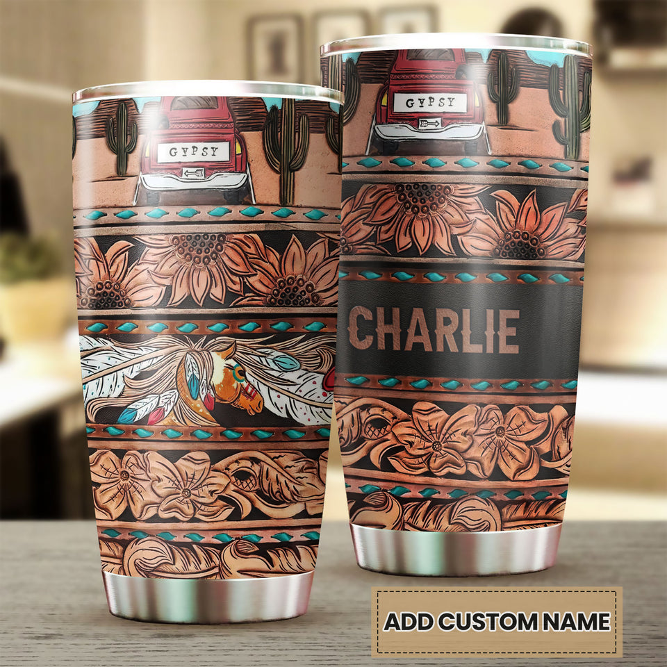Camellia Personalized Horse Gypsy Leather Style Stainless Steel Tumbler - Double-Walled Insulation Vacumm Flask - Gift For Horse Lovers, Cowgirls, Cowboys, Perfect Christmas, Thanksgiving Gift