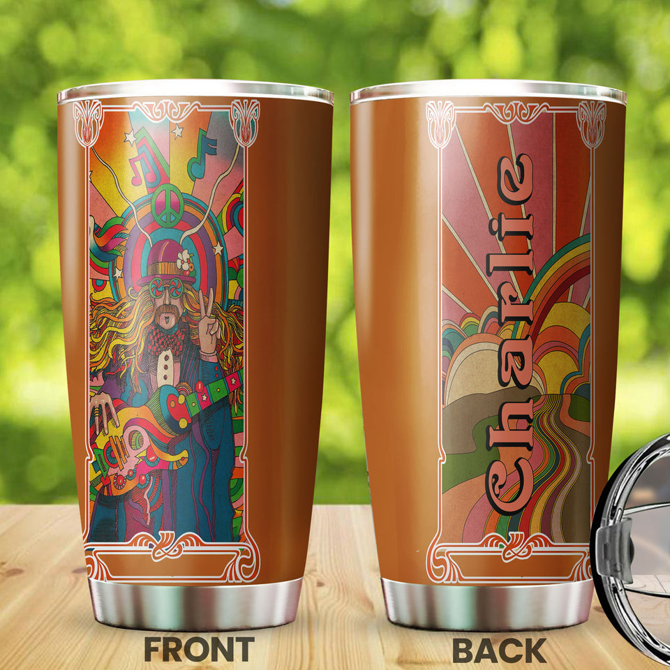 Camellia Personalized Hippie Rock And Roll Man with Guitar Stainless Steel Tumbler-Sweat-Proof Double Wall Travel Cup With Lid Gift For Rock Music Fan
