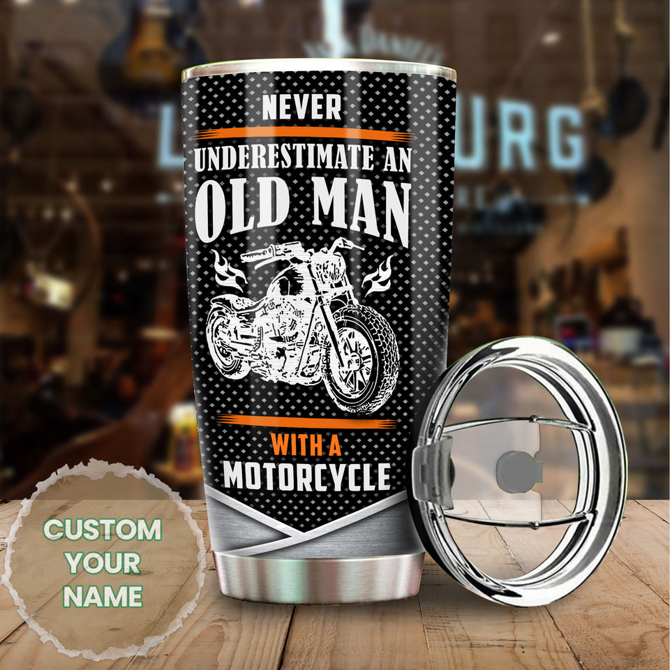 Camellia Personalized Never Underestimate An Old Man with A Motorcycle Stainless Steel Tumbler-Double-Walled Insulation Cup With Lid Gift For Grandfa