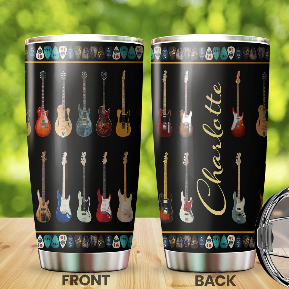 Camellia Personalized Colorful Guitar Stainless Steel Tumbler - Customized Double-Walled Insulation Travel Thermal Cup With Lid Gift For Guitarist