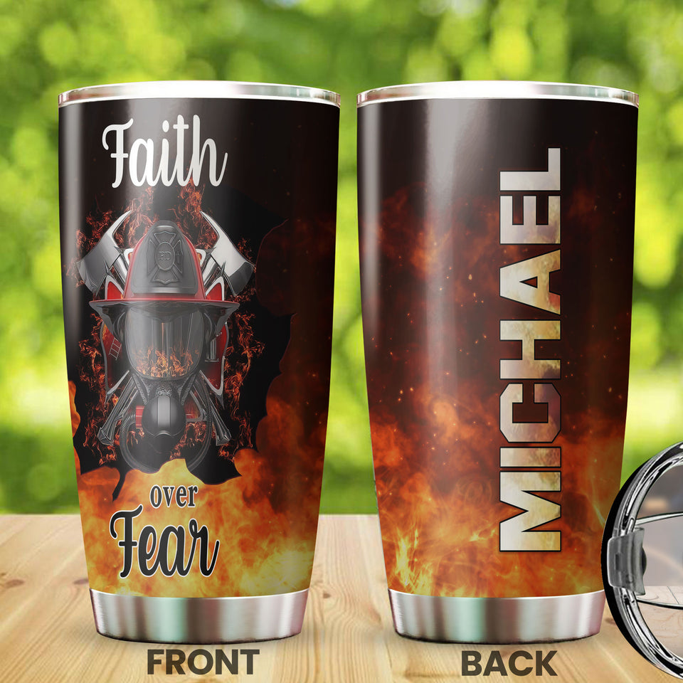 Camellia Personalized Firefighter Faith Over Faith Red Stainless Steel Tumbler-Double-Walled Insulation Gift For Firefighter Fireman