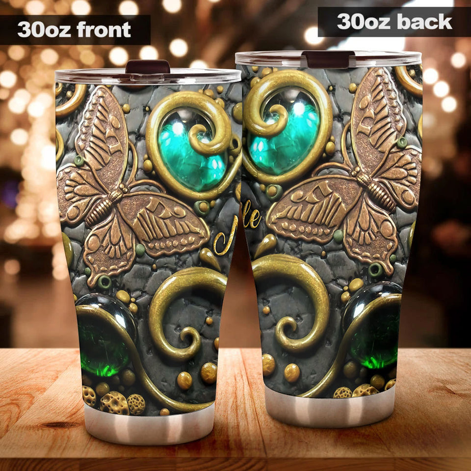 Camellia Personalized Butterfly Rock Style Stainless Steel Tumbler - Double-Walled Insulation Vacumm Flask - For Thanksgiving, Memorial Day, Christians, Christmas Gift