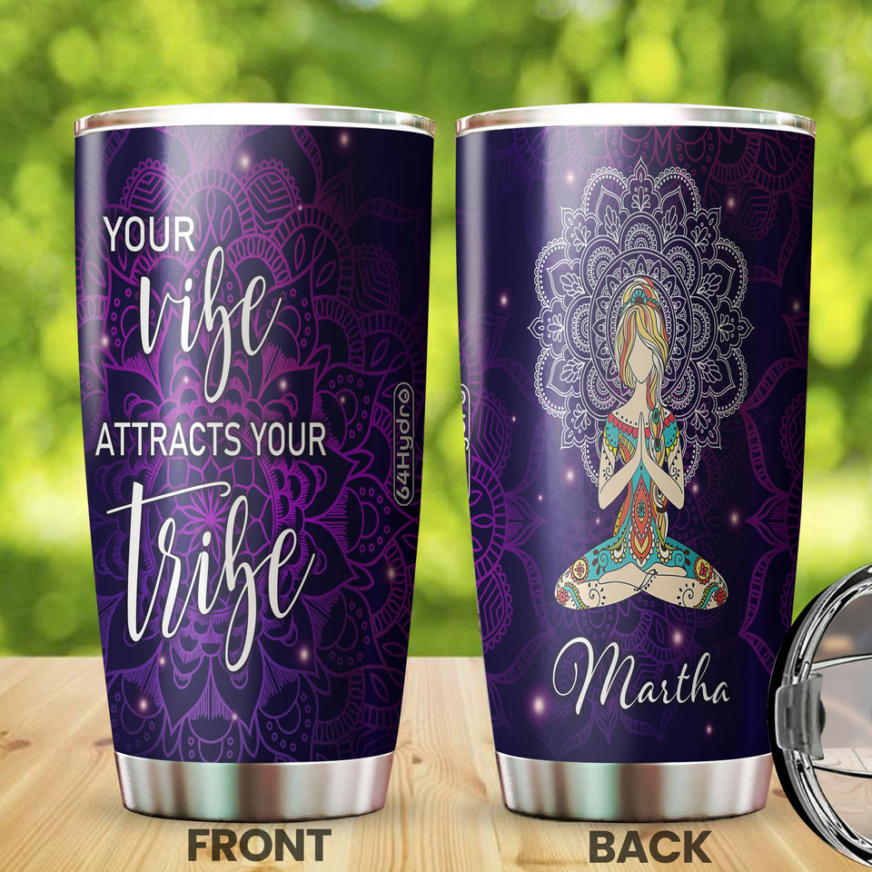 Camellia Personalized Mandala Girl Your Vibe Attracts Your Tribe Stainless Steel Tumbler-Sweat-Proof Double Wall Travel Cup With Lid