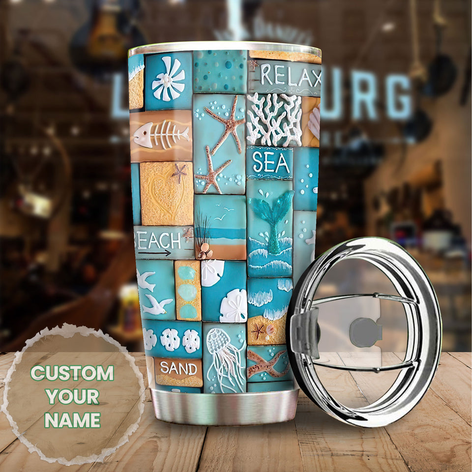 Camellia Personalized Beach Lover Stainless Steel Tumbler - Customized Double-Walled Insulation Travel Thermal Cup With Lid