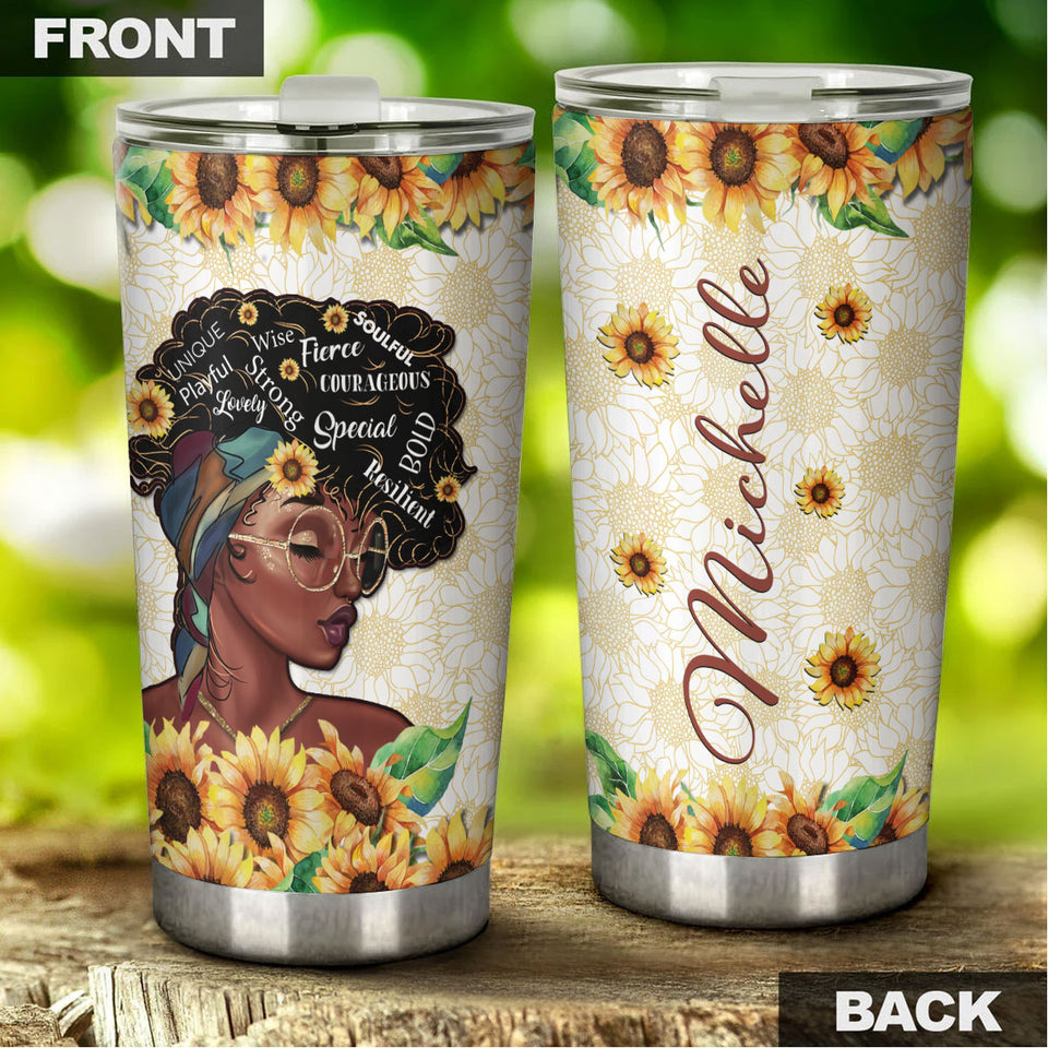 Camellia Personalized Black Women Sunflower Stainless Steel Tumbler - Double-Walled Insulation Vacumm Flask - Gift For Black Queen, International Women's Day, Hippie Girls