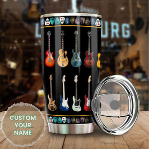 Camellia Personalized Colorful Guitar Stainless Steel Tumbler - Customized Double-Walled Insulation Travel Thermal Cup With Lid Gift For Guitarist