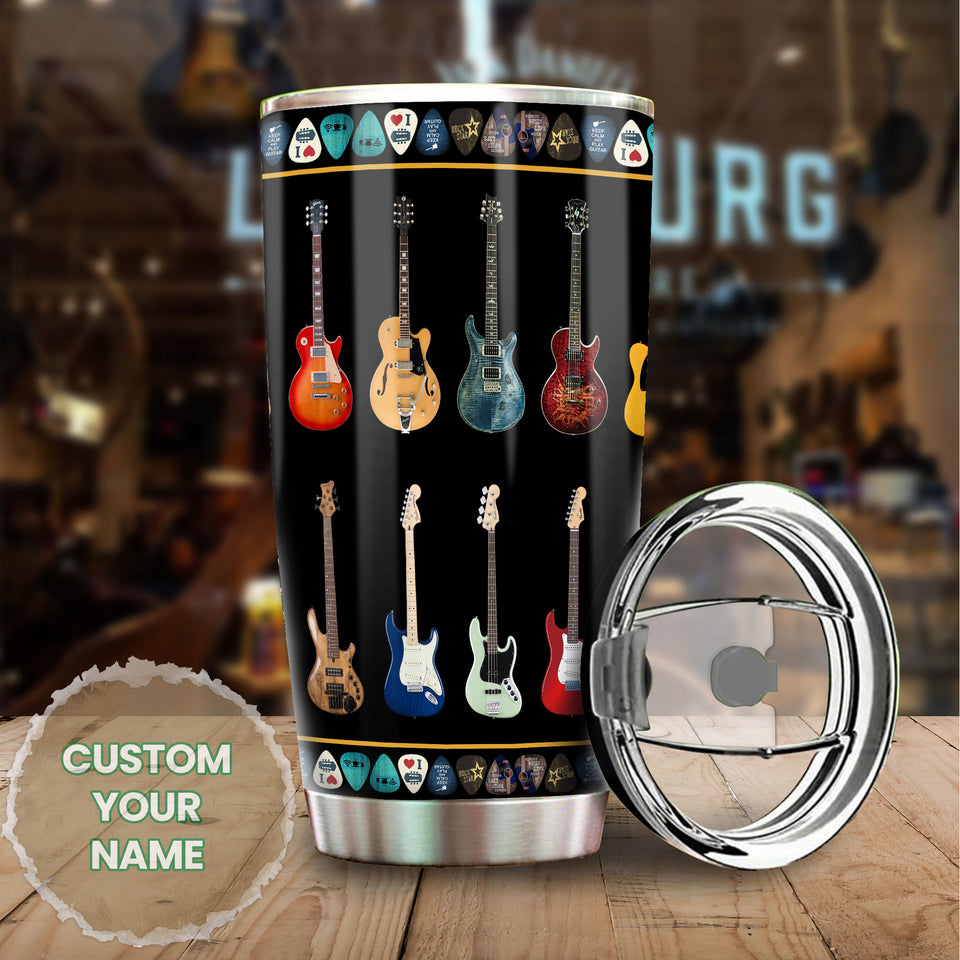 Camellia Personalized Colorful Guitar Stainless Steel Tumbler - Customized Double-Walled Insulation Travel Thermal Cup With Lid Gift For Guitarist