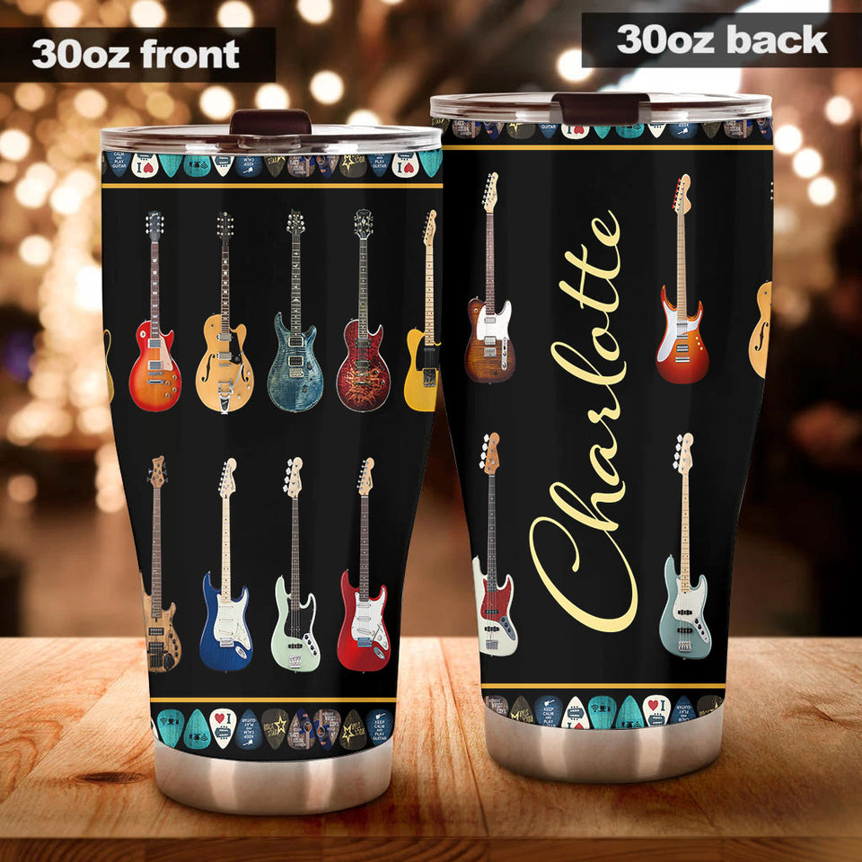 Camellia Personalized Colorful Guitar Stainless Steel Tumbler - Customized Double-Walled Insulation Travel Thermal Cup With Lid Gift For Guitarist
