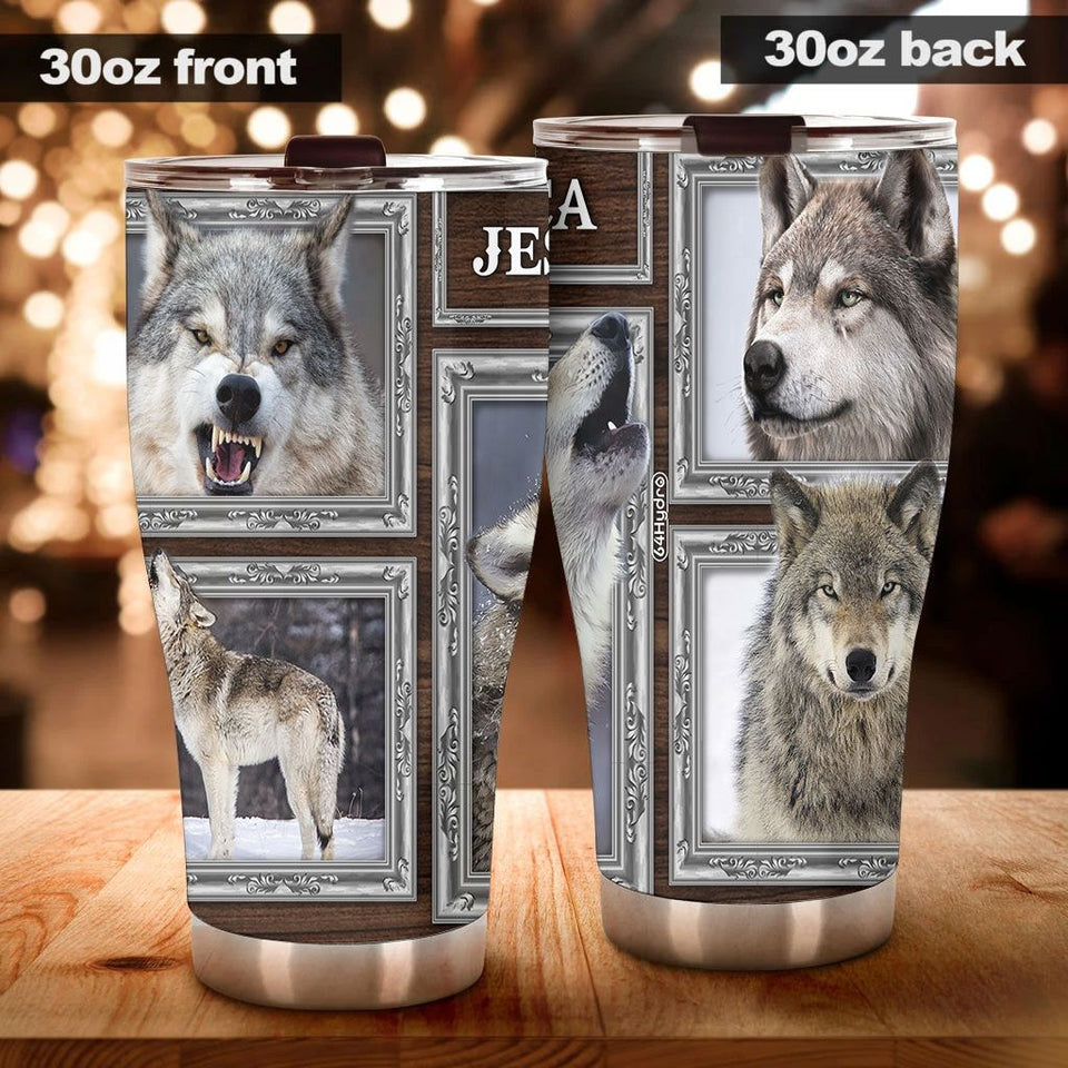 Camellia Personalized 3D Grey Wolf Picture Stainless Steel Tumbler - Customized Double-Walled Insulation Travel Thermal Cup With Lid
