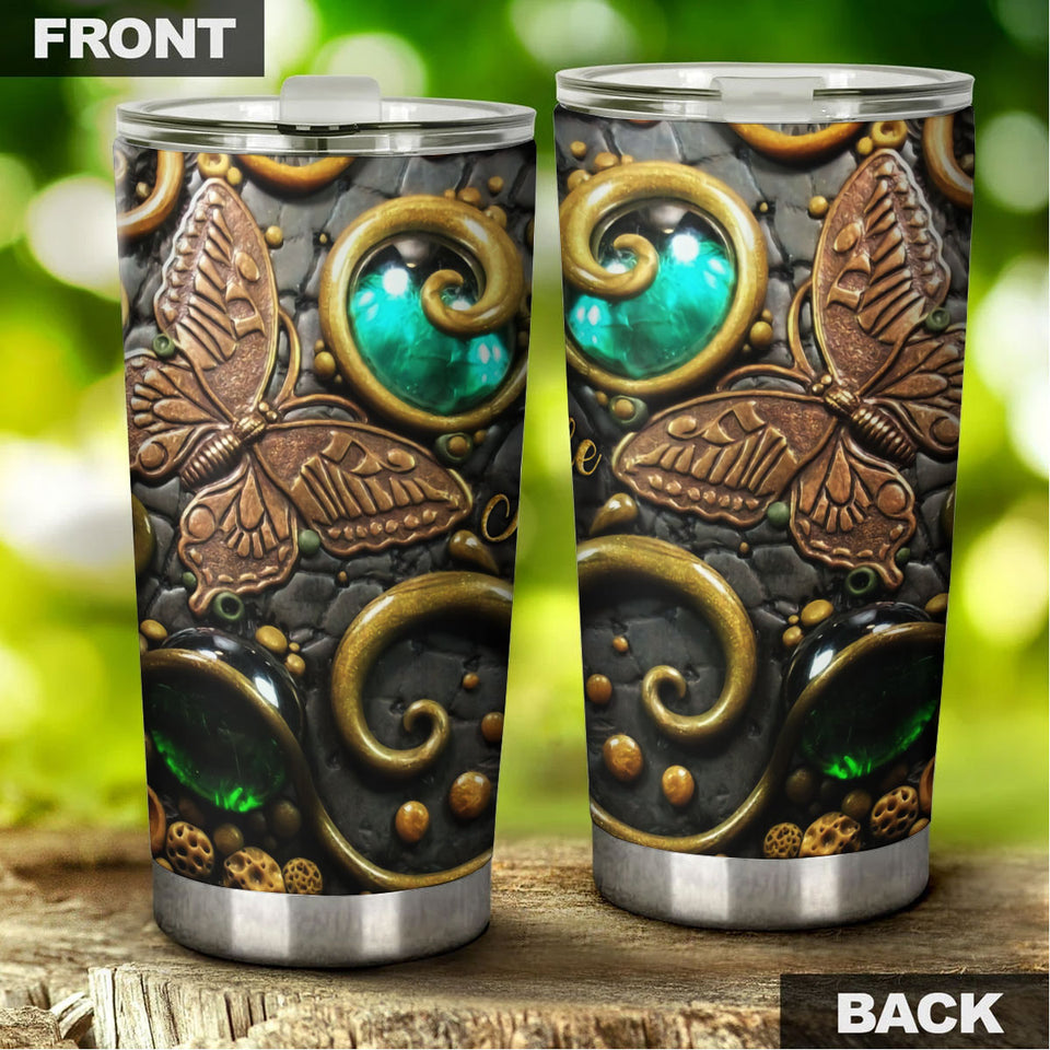 Camellia Personalized Butterfly Rock Style Stainless Steel Tumbler - Double-Walled Insulation Vacumm Flask - For Thanksgiving, Memorial Day, Christians, Christmas Gift
