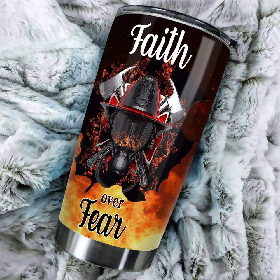 Camellia Personalized Firefighter Faith Over Faith Red Stainless Steel Tumbler-Double-Walled Insulation Gift For Firefighter Fireman