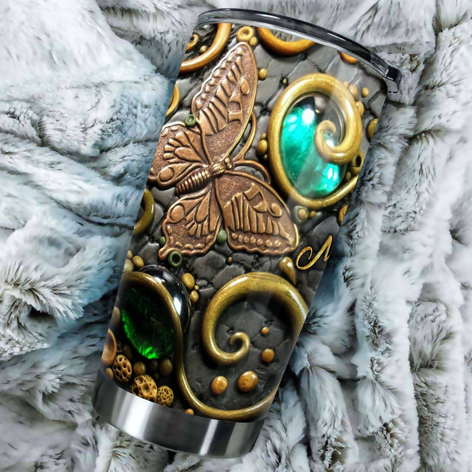 Camellia Personalized Butterfly Rock Style Stainless Steel Tumbler - Double-Walled Insulation Vacumm Flask - For Thanksgiving, Memorial Day, Christians, Christmas Gift