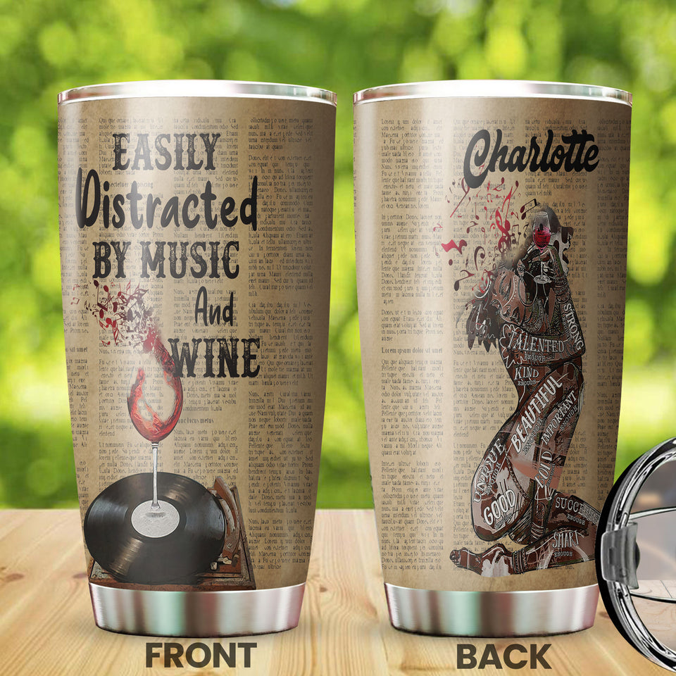 Camellia Personalized Black Woman Easily Distracted By Music And Wine  Stainless Steel Tumbler-Thermal Flask Travel Therma Cup With Lid Gift For Black Woman
