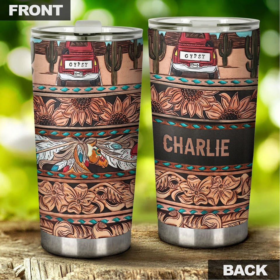 Camellia Personalized Horse Gypsy Leather Style Stainless Steel Tumbler - Double-Walled Insulation Vacumm Flask - Gift For Horse Lovers, Cowgirls, Cowboys, Perfect Christmas, Thanksgiving Gift