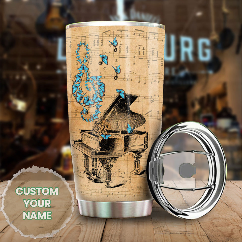Camellia Personalized Blue Butterfly Piano Stainless Steel Tumbler - Double-Walled Insulation Vacumm Flask - Gift For Thanksgiving, Memorial Day, Piano Lovers