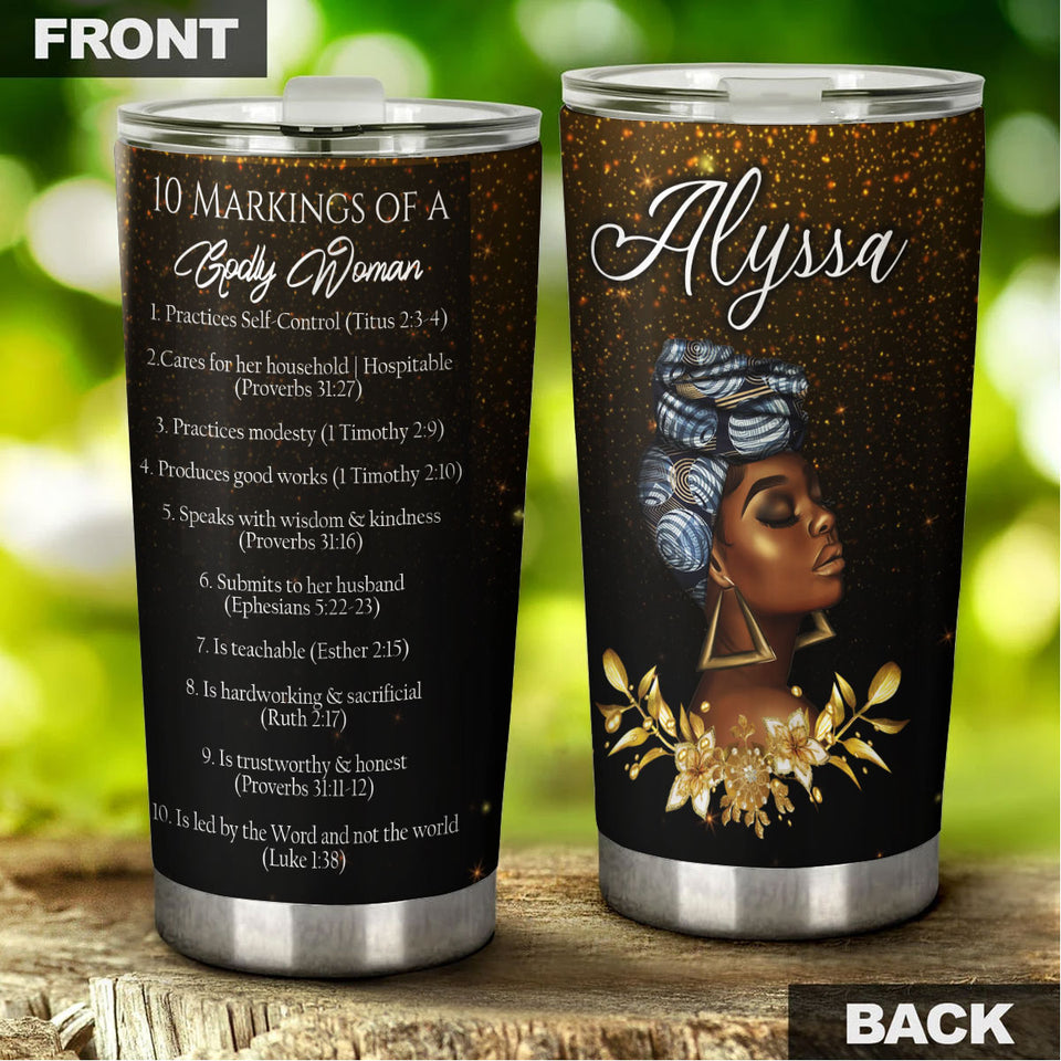 Camellia Personalized Black Woman 10 Markings Of A God Woman Stainless Steel Tumbler - Double-Walled Insulation Vacumm Flask - Gift For Black Queen, International Women's Day, Hippie Girls