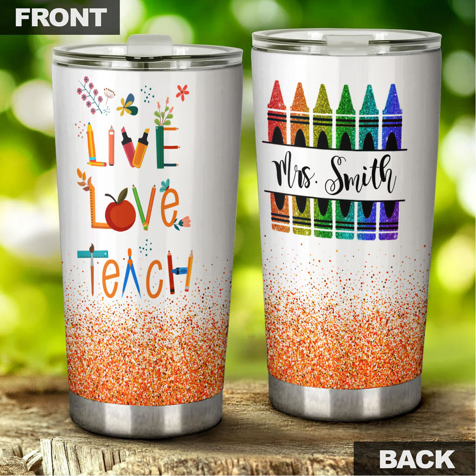 Camellia Persionalized Colorful Crayon Live Love Teach Stainless Steel Tumbler - Customized Double - Walled Insulation Travel Thermal Cup With Lid Gift For Teacher